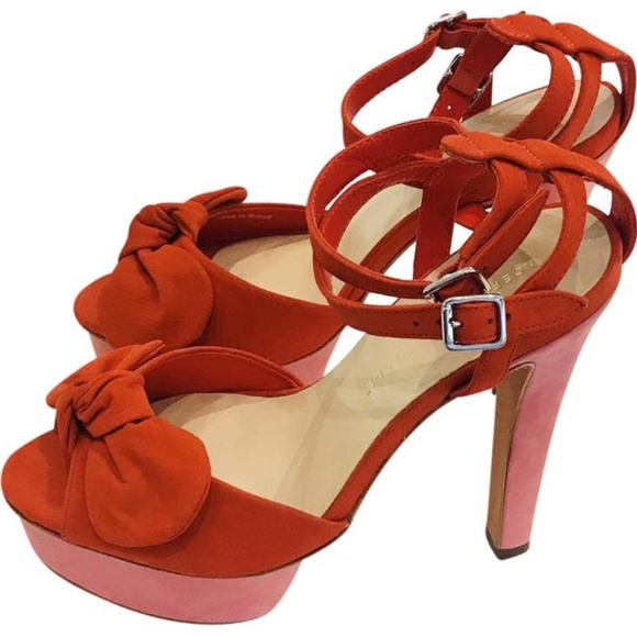 Loeffler Randall Orange Red & Pink Suede Bow Heels - Picture 2 of 2